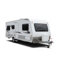 White travel trailer with sleek side graphics, featuring a front hitch and a covered Royalty Free Stock Photo