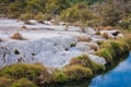 White travertin terraces in Waimangu geothermal park in New Zealand