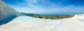 White travertine terrace formations, pool with clear hot water from thermal springs in Pamukkale, Denizli Province in southwestern