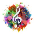 White Treble clef on Colorful spray paint with abstract splatter color background. Royalty Free Stock Photo