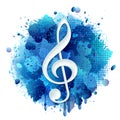 White Treble clef on Blue spray paint with abstract splatter color background. Royalty Free Stock Photo