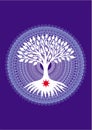 The white tree of life in a circle on a mandala blue tracery background. Spiritual, mystical and ecological symbol.