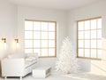 A white tree stands in the  living room next to the sofa. Beautiful modern interior in white color. 3d render Royalty Free Stock Photo