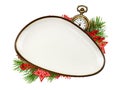 White triangle empty dish with brown edging and Christmas decorations isolated on white