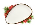 White triangle empty dish with brown edging and Christmas decorations isolated on white Royalty Free Stock Photo