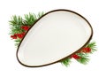 White triangle empty dish with brown edging and Christmas decorations isolated Royalty Free Stock Photo