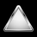 White triangle glass button with chrome frame. On black background