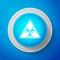 White Triangle sign with Biohazard symbol icon isolated on blue background. Circle blue button with white line. Vector Royalty Free Stock Photo