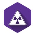 White Triangle sign with radiation symbol icon isolated with long shadow. Purple hexagon button