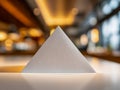 White triangular folded paper napkin placed on glossy table surface with warm blurred lights and modern restaurant interior Royalty Free Stock Photo
