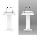 White tribune with microphone for speaker. Vector illustration.