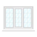 White triple window with blue glasses