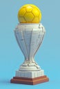 A white trophy with a yellow soccer ball on top, on a blue background Royalty Free Stock Photo