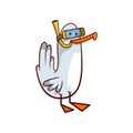 Tropical bird with mask and tube for diving. Funny cartoon character. Vector for children book or summer postcard