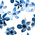 White Tropical Exotic. Navy Seamless Leaf. Azure Pattern Illustration. Cobalt Flower Nature. Blue Spring Plant.