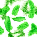 White Tropical Foliage. Organic Seamless Nature. Green Pattern Painting. Natural Drawing Foliage. Banana Leaf. Spring Design. Royalty Free Stock Photo