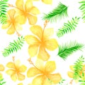 White Tropical Palm. Organic Seamless Exotic. Green Pattern Botanical. Beige Flower Leaf. Natural Spring Botanical.