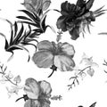 White Tropical Texture. Black Exotic Textile. Hibiscus Set. Seamless Plant. Pattern Palm. Watercolor Plant. Summer Plant. Flower L