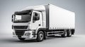 White truck with copy space on neutral gray background. Commercial cargo vehicle. Transportation industry. Generative AI