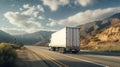 White truck driving along the road in a mountainous landscape, on a sunny day. Long-distance transportation. Generative AI