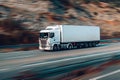 White truck on highway, motion blur. Generative AI. Royalty Free Stock Photo