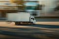 White truck on highway, motion blur. Generative AI. Royalty Free Stock Photo