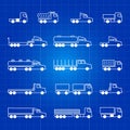 White truck line icons. Transportation vector outline isolated symbols