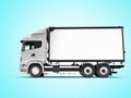 White truck with trailer isolated side view 3d render on blue background with shadow Royalty Free Stock Photo