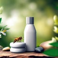 A white tube of cosmetics on a stone and bees among the leaves. The concept of natural plant cosmetics Mockup AI generated Royalty Free Stock Photo