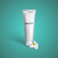 White tube mock-up for cream, tooth paste or gel with frangipani exotic flower. Vector packaging illustration Royalty Free Stock Photo