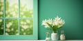 White Tuberose flower and window with sun light copy space blurred green wall backgroundd