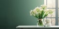 White Tuberose flower and window with sun light copy space blurred green wall background