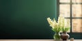 White Tuberose flower and window with sun light copy space blurred green wall background