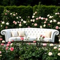 A white tufted outdoor sofa with plush cushions arranged in an elegant backyard garden filled with roses