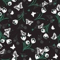 White Tulip Floral Night Butterflies Garden Pattern