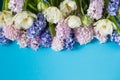 White tulips, pink and blue hyacinths flowers on a bright blue background. Top view Royalty Free Stock Photo