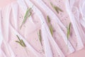 white tulle and beautiful wilds grass. pink table background. feminine wedding Royalty Free Stock Photo