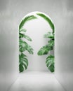 White tunnel natural wall fresh and bright presentation showcase beauty. Plant monstera green concept nature skincare cosmetic.
