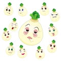 White turnip cartoon with many expressions Royalty Free Stock Photo