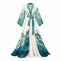 Elegant Water Patterned White Robe: A Fashion-illustration In Light Gold And Turquoise
