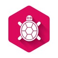 White Turtle icon isolated with long shadow. Pink hexagon button. Vector. Royalty Free Stock Photo