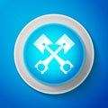 White Two crossed engine pistons icon isolated on blue background. Circle blue button with white line. Vector Royalty Free Stock Photo