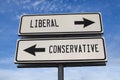 White two street signs with arrow on metal pole with word liberal and conservative