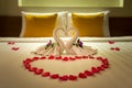 White two towel swans and red rose petals on the bed, Honeymoon decoration