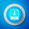 White TXT file document icon isolated on blue background. Download TXT button sign. Circle blue button with white line Royalty Free Stock Photo