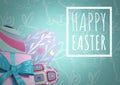 White type in box and pink gift and purple eggs against teal easter pattern Royalty Free Stock Photo