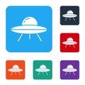 White UFO flying spaceship icon isolated on white background. Flying saucer. Alien space ship. Futuristic unknown flying Royalty Free Stock Photo