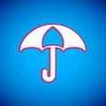White Umbrella icon isolated on blue background. Insurance concept. Waterproof icon. Protection, safety, security Royalty Free Stock Photo