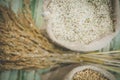 white grain rice in burlap sack bag Royalty Free Stock Photo