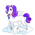 White unicorn with big eyes, horn, feather wings and violet hair on clouds Royalty Free Stock Photo